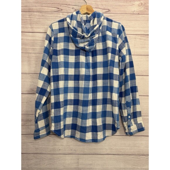 L.L.Bean Womens Scotch Plaid Flannel HoodieShirt Button Down BLUE 100% Cotton XS - Picture 2 of 11